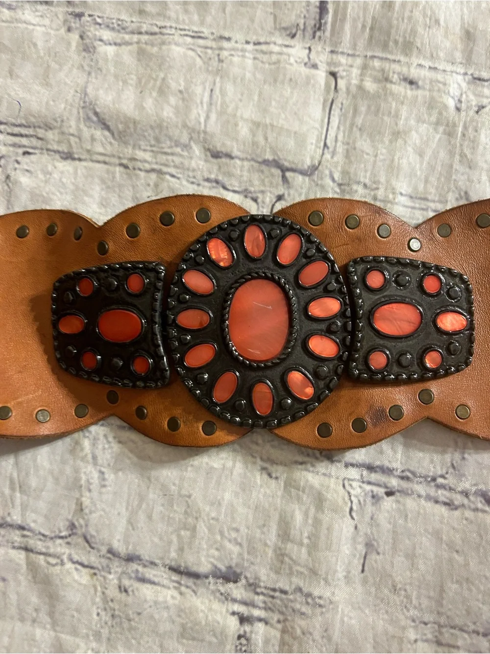 BOHO WESTERN WIDE RUST DARK CARMEL LEATHER BRASS STUDS CORAL MEDALLION BELT